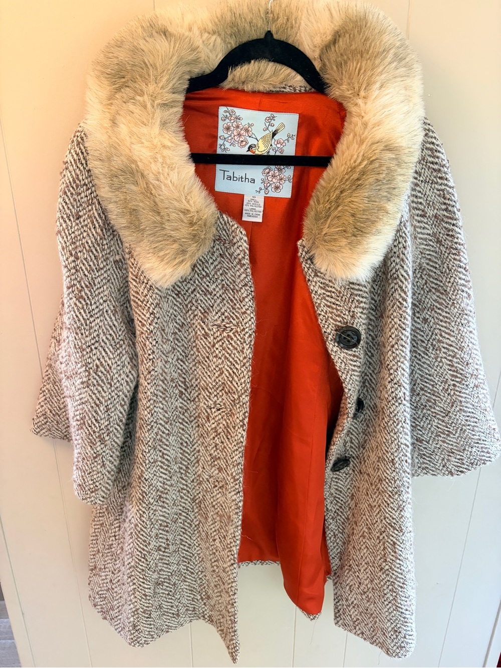 Anthropologie Tabitha Y2K Tweed Coat with Faux Fur Collar and Orange Lining